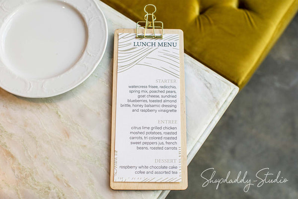 Elegant Leather and Wood Menu Board with Golden Binder