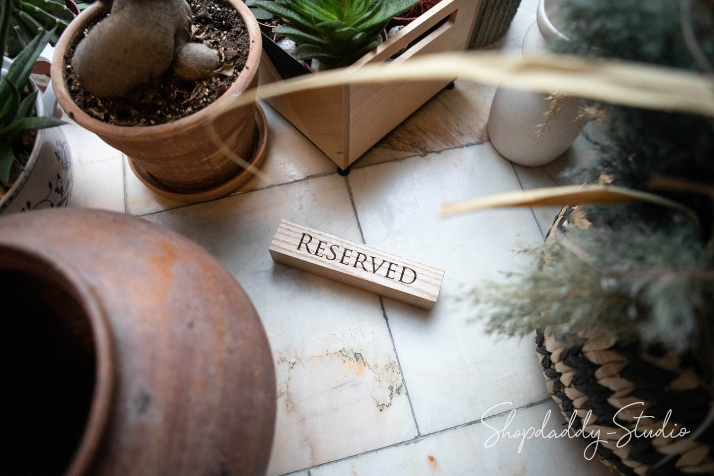 Wooden Table Reserved Sign with logo