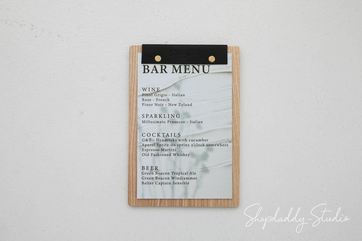Wooden Menu Board With Leather Binding for wine list