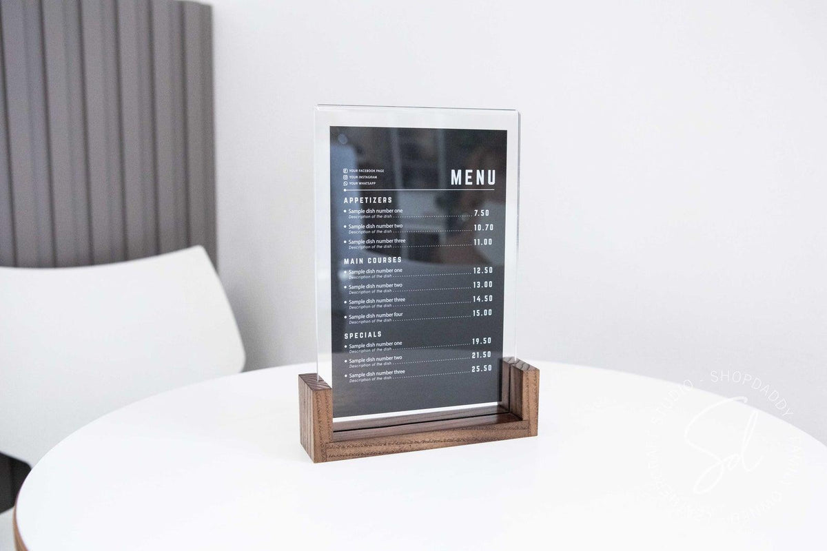 Modern Walnut Wooden/Acrylic Table Top Menu Stand