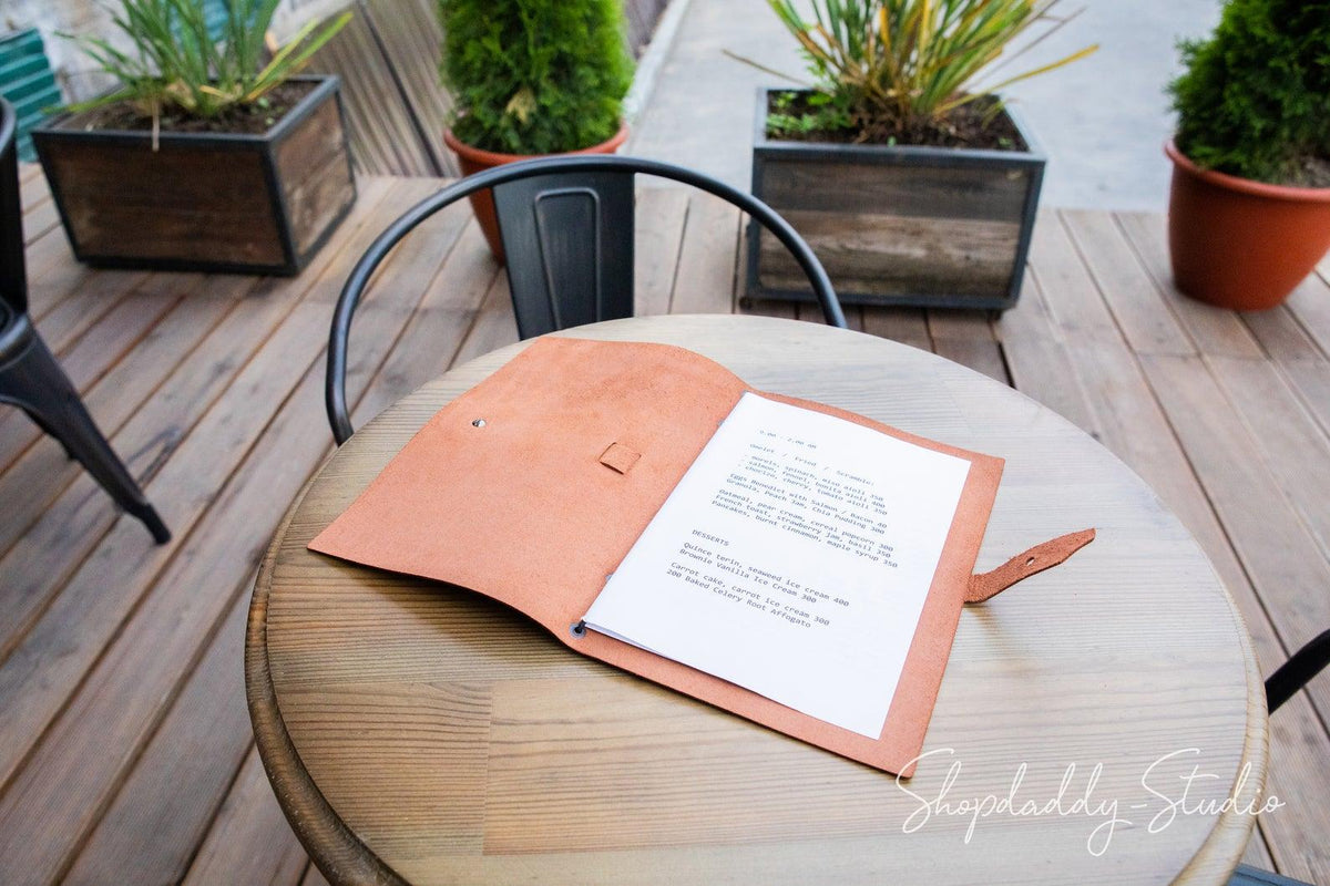 restaurant guest Brown Leather Menu Cover with Leather Belt with logo