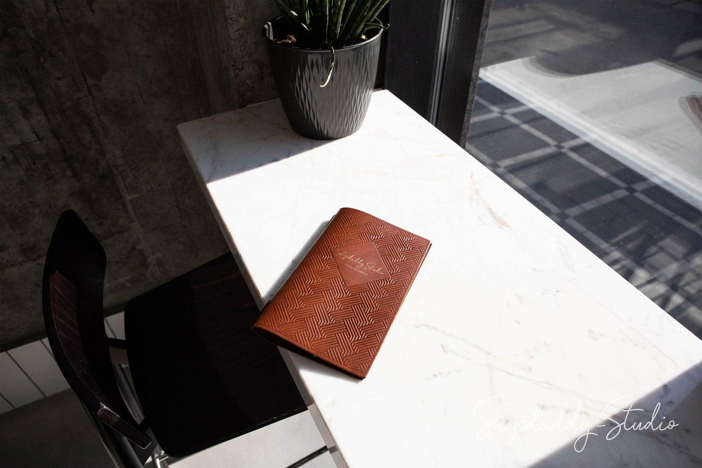 Brown Thick Leather Menu Cover with Pattern and logo