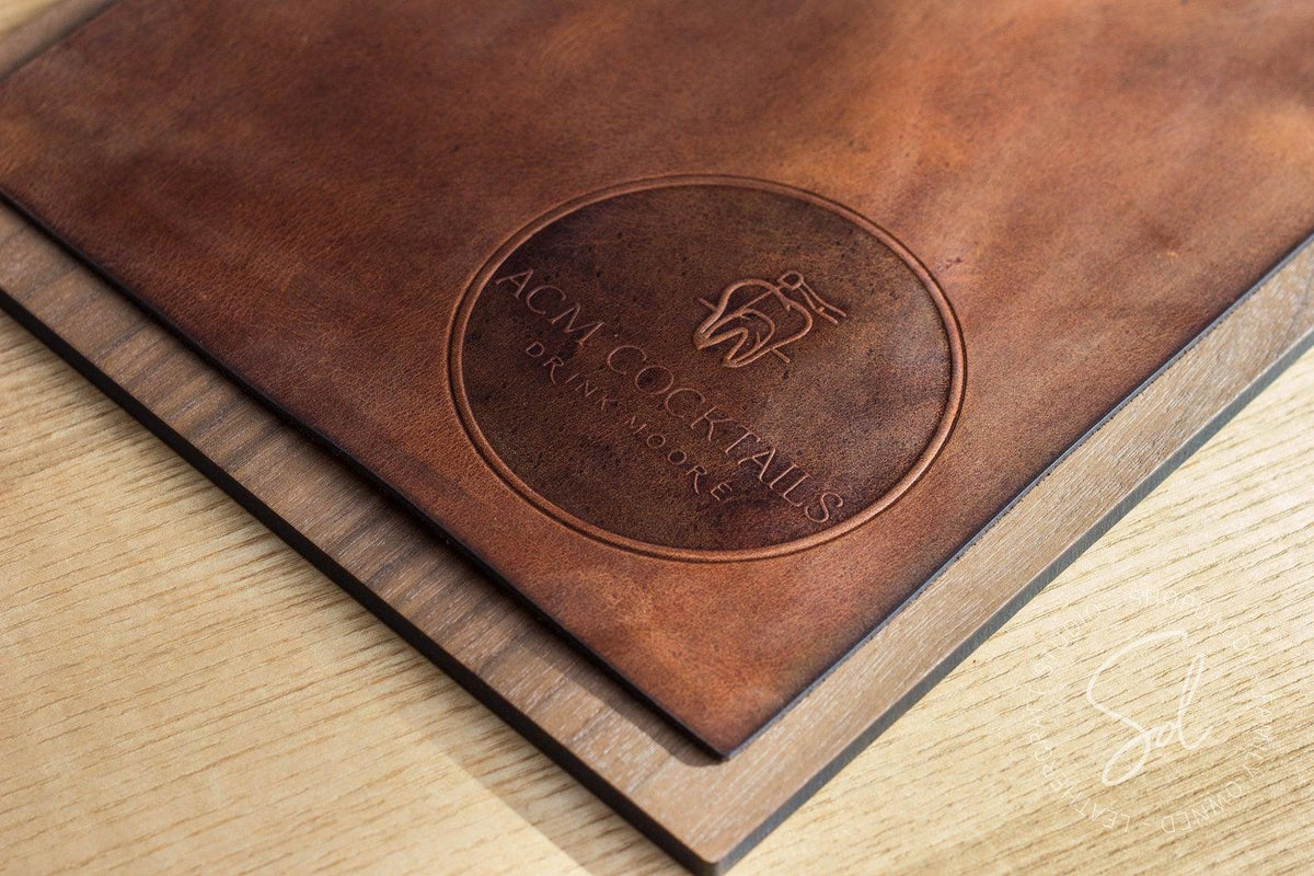 restaurant Walnut Menu Board Leather Cover & Rope