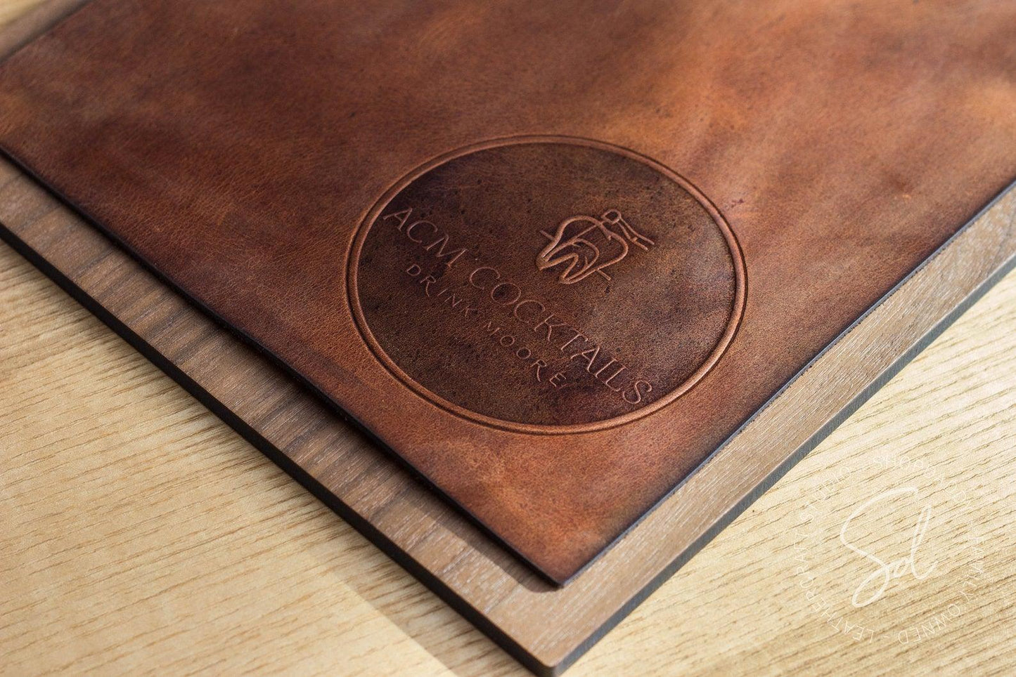 restaurant Walnut Menu Board Leather Cover & Rope