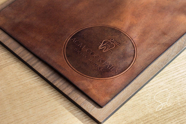 restaurant Walnut Menu Board Leather Cover & Rope