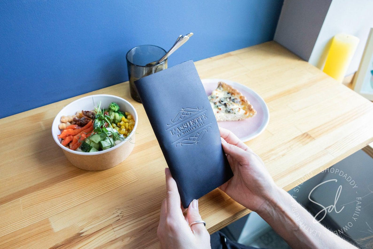 restaurant Navy Blue Leather Check Presenter with Pen Loop