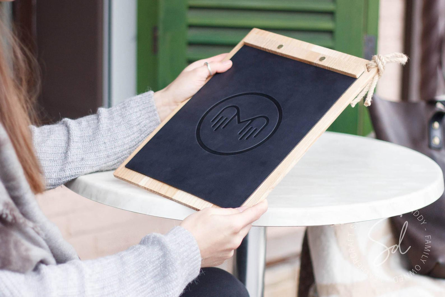 restaurant wooden Menu Holder with Leather Cover & Rope