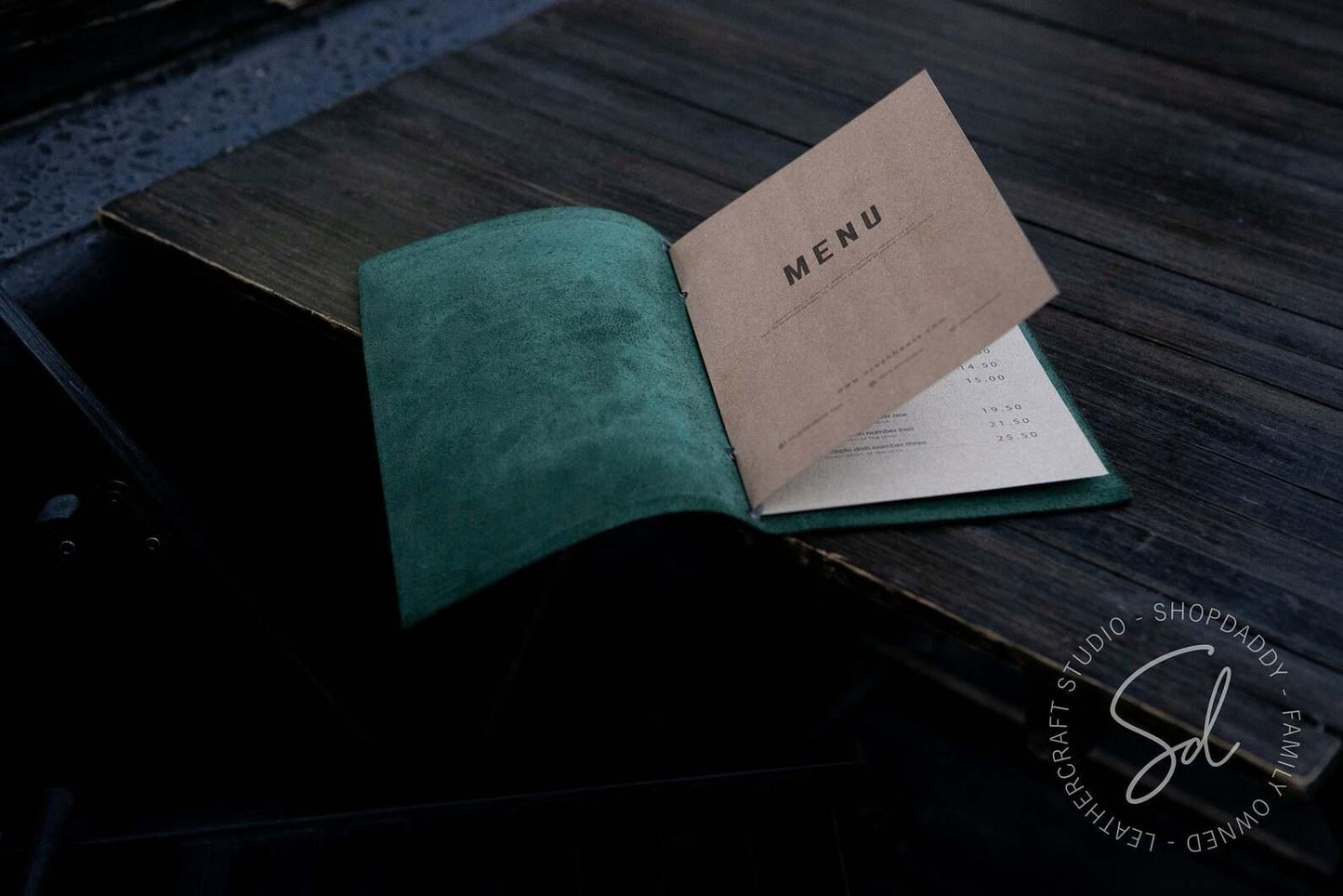 Leather Menu Book with Leather Lace and logo