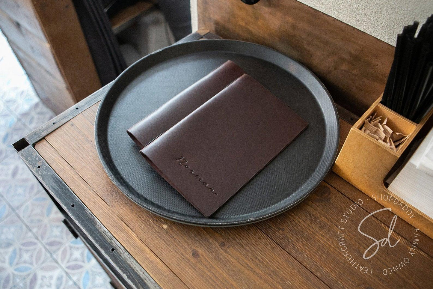 restaurant Dark Brown Thick Leather Menu Cover with Elastic Band