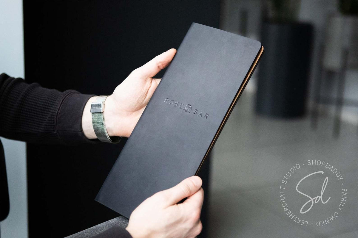 Black Leather Menu Folder with Cork for drinks