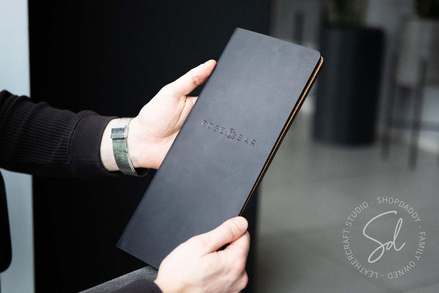 Black Leather Menu Folder with Cork for drinks