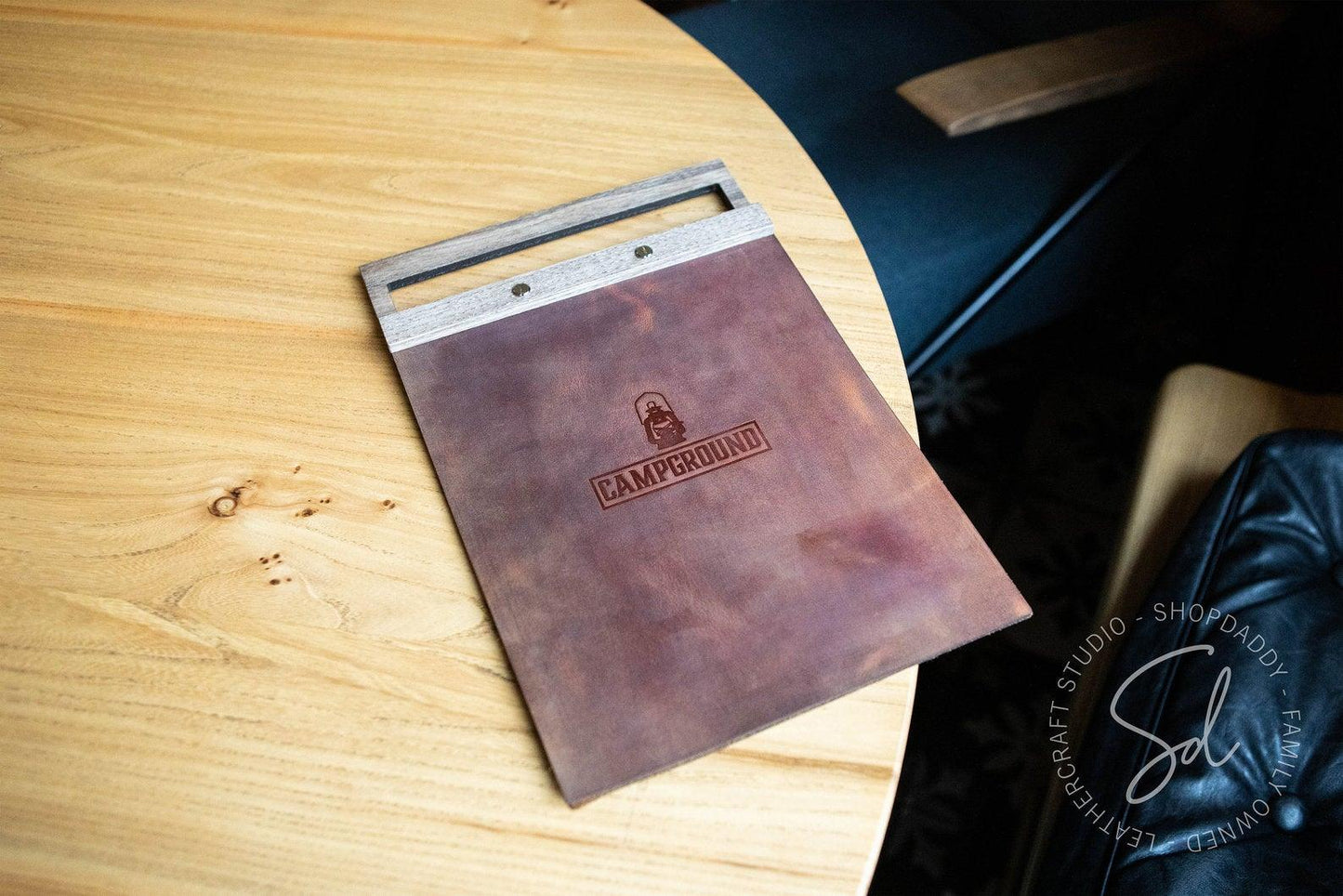 bar Rusty Leather Menu Holder with Wooden Handle