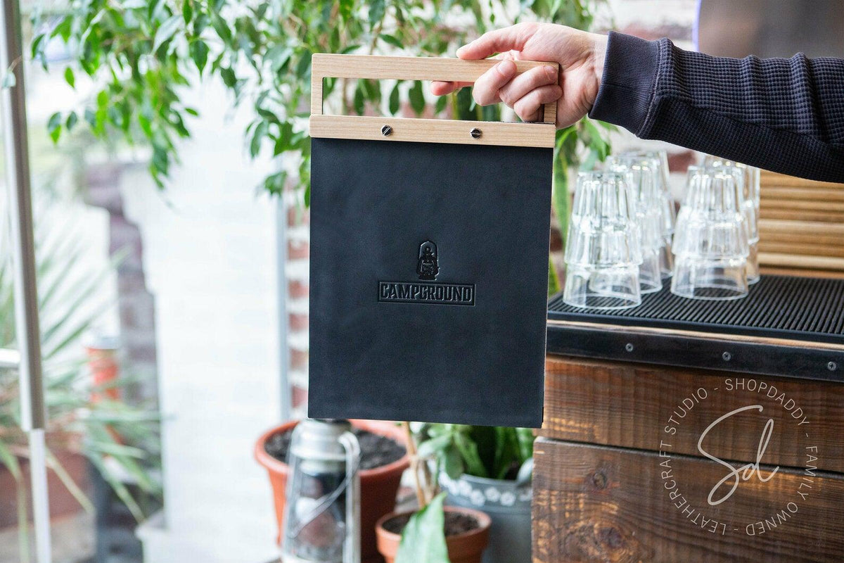 cafe Leather Menu Holder with Wooden Handle