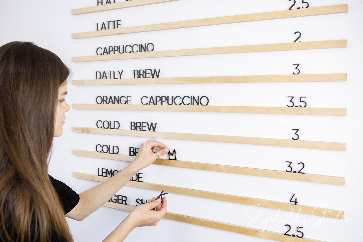 coffee shop wall wooden letter board shopdaddy studio