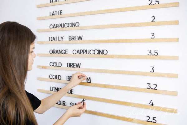 coffee shop wall wooden letter board shopdaddy studio