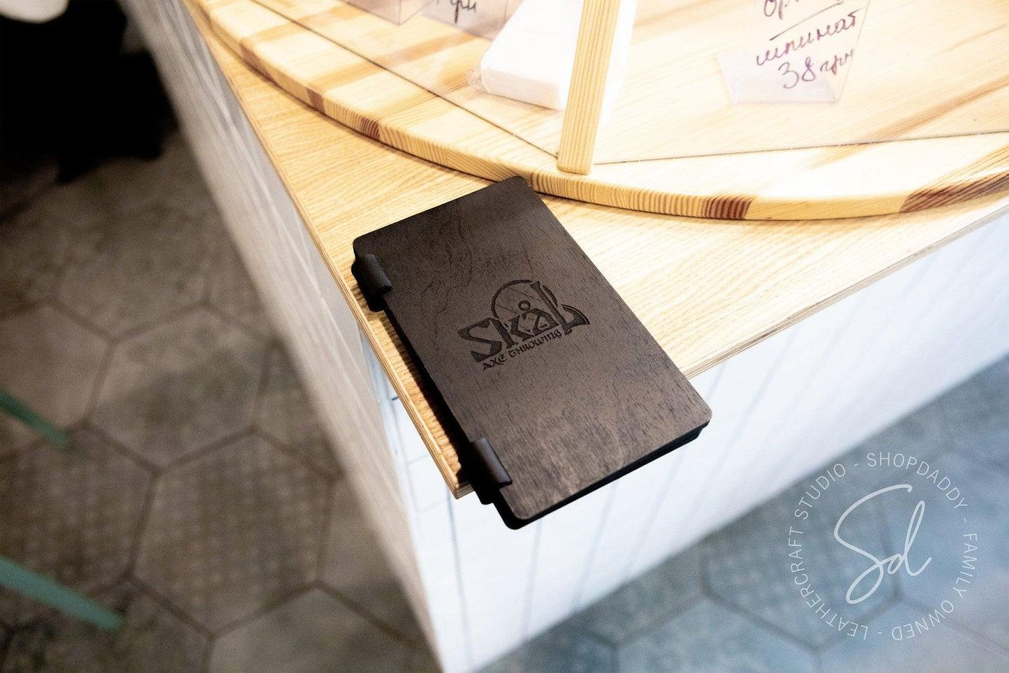 restaurant Wood Check Holder with Leather Pocket on Screws