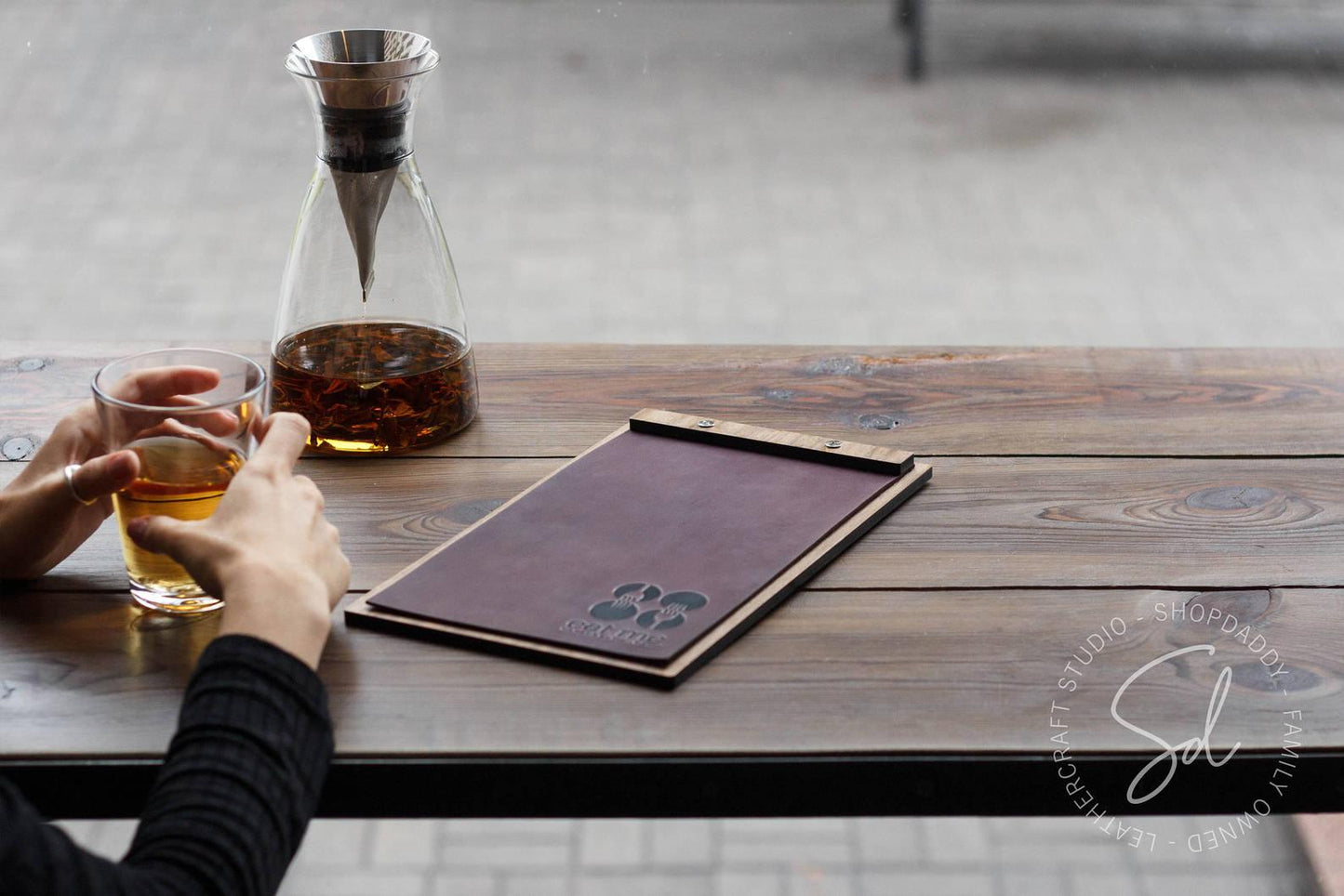 restaurant wooden Walnut Menu Board with Leather Cover