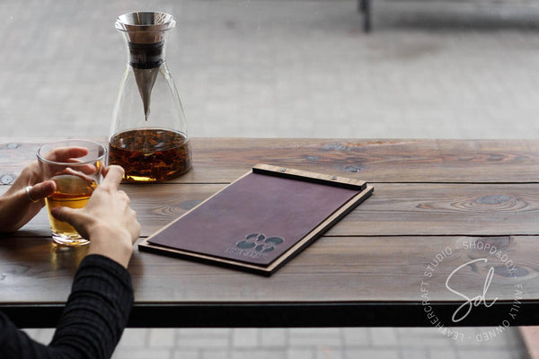 restaurant wooden Walnut Menu Board with Leather Cover