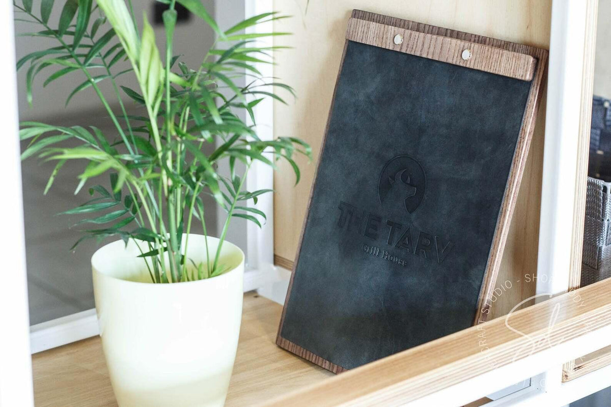 Walnut Menu Board with Leather Menu Cover