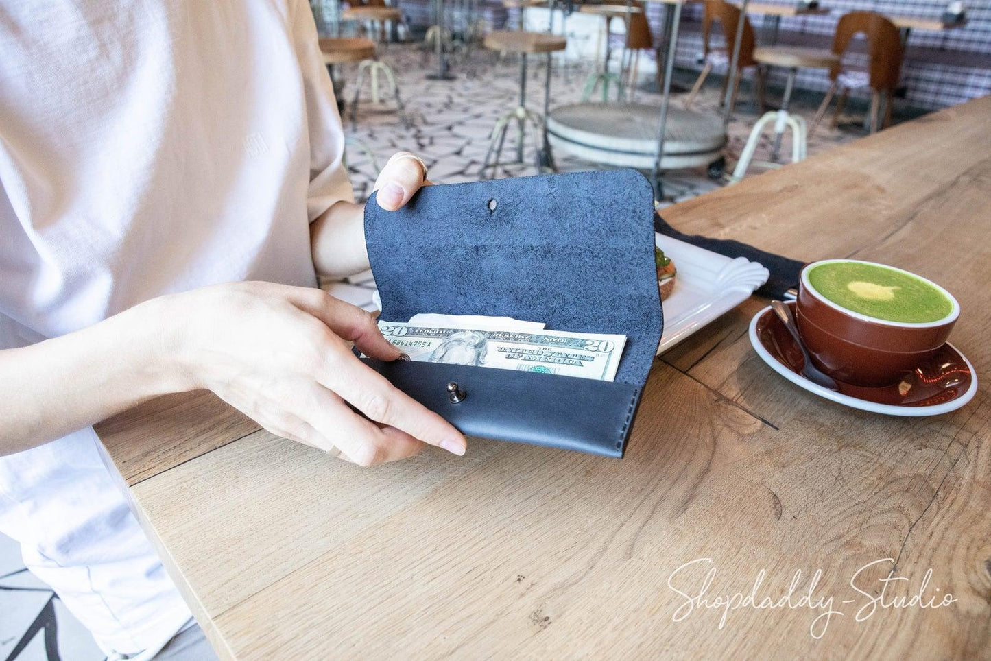 blue leather check presenter for restaurant