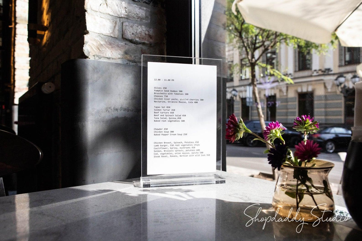 acrylic flyer stand for QR code menu shopdaddy studio