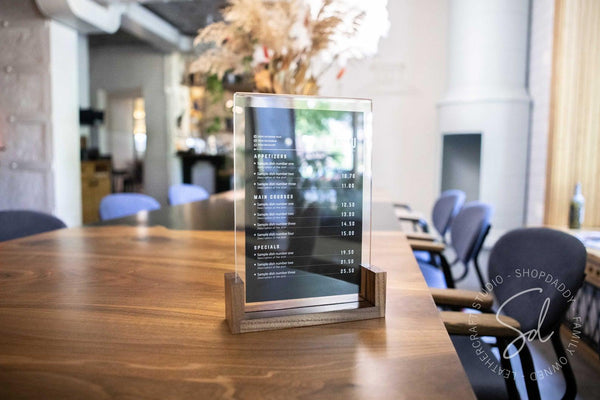 Walnut Wooden/Acrylic Table Top Menu Stand for restaurant