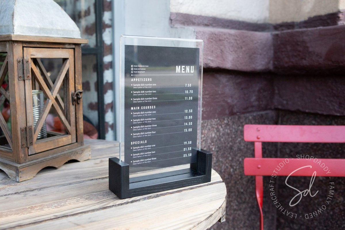 Black Wooden/Acrylic Table Menu Stand touch free for guests