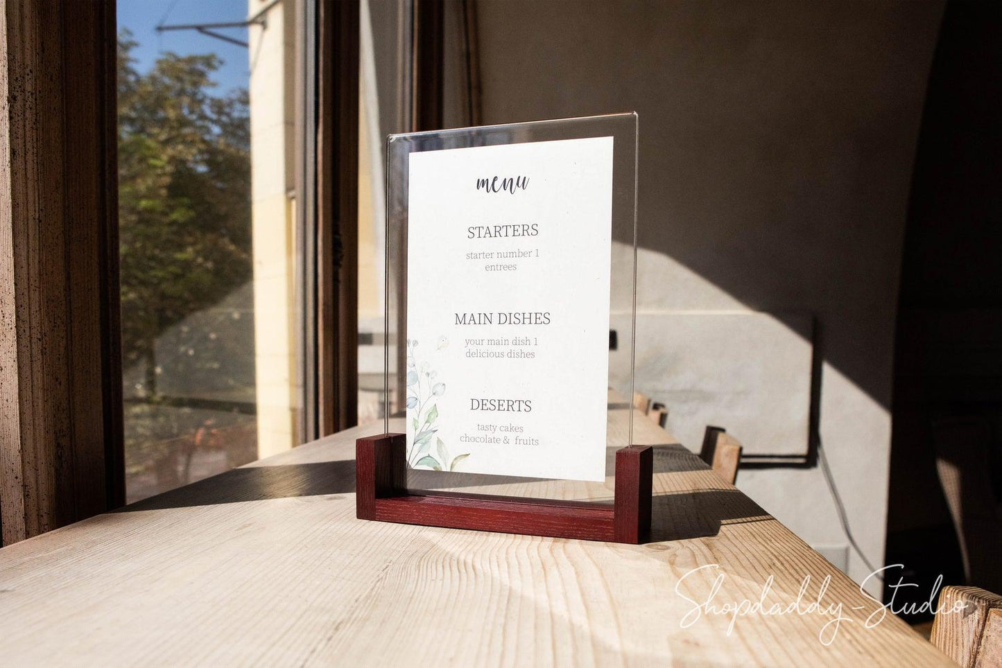 touch free Mahogany Wooden/Acrylic Table Menu Stand
