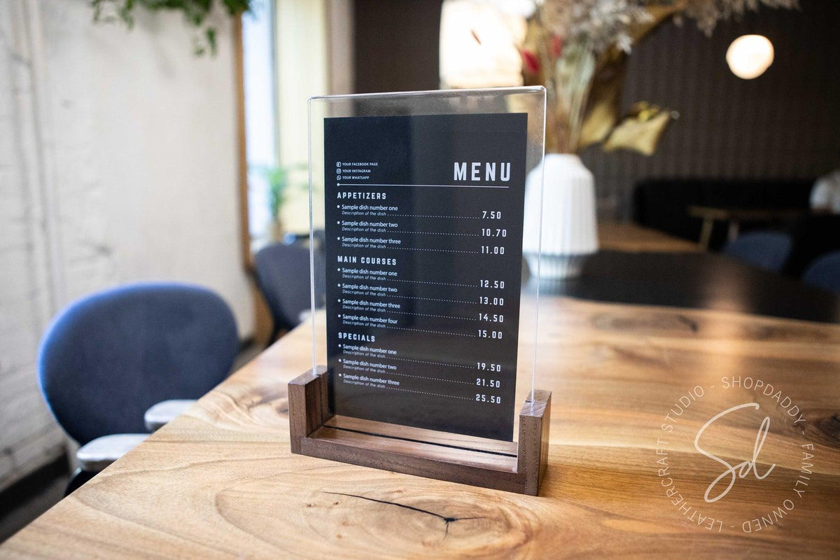 touch free Walnut Wooden/Acrylic Table Top Menu Stand