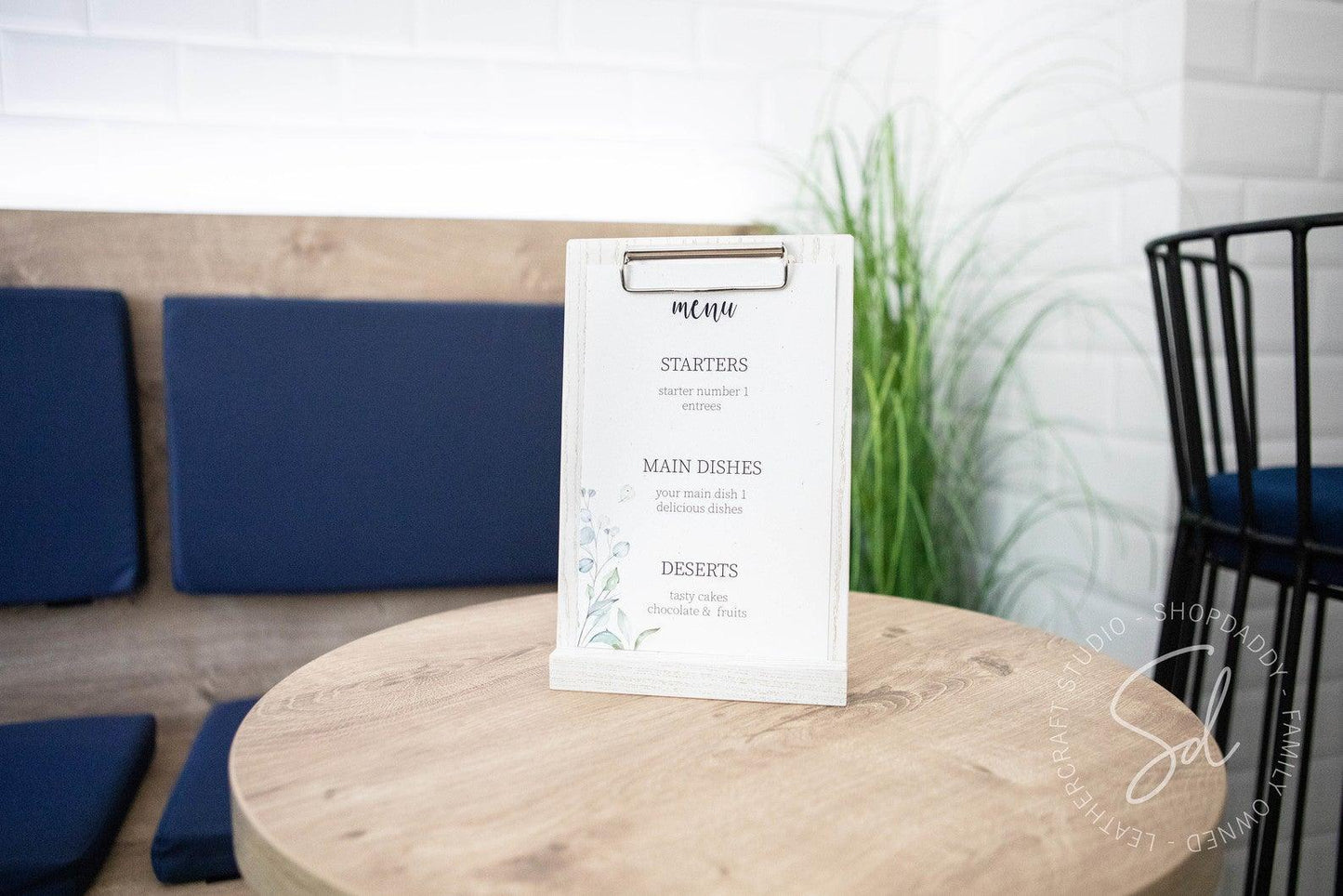 contactless white Angled Wooden Table Stand with Metal Clip