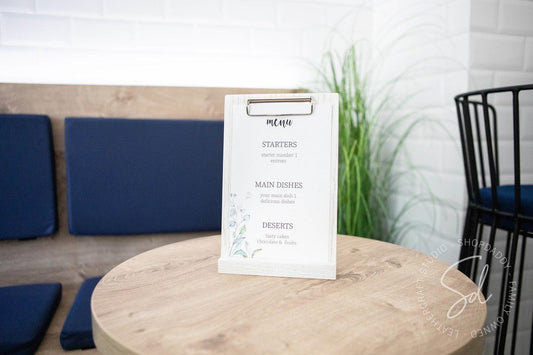 contactless white Angled Wooden Table Stand with Metal Clip