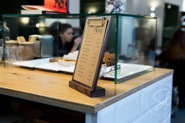 angled Walnut Angled Wooden Table Stand with Metal Clip
