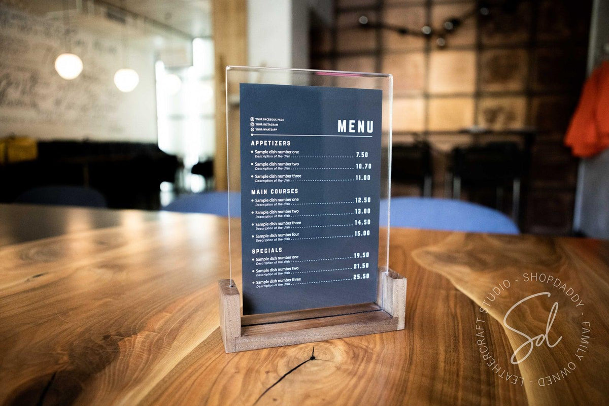 contactless Walnut Wooden/Acrylic Table Top Menu Stand