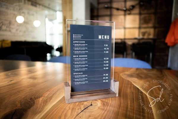 contactless Walnut Wooden/Acrylic Table Top Menu Stand
