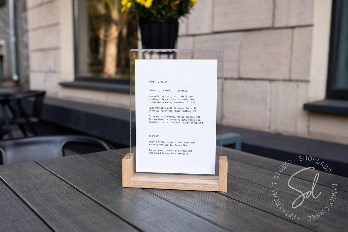 wooden acrylic menu clipboard touch free for guests