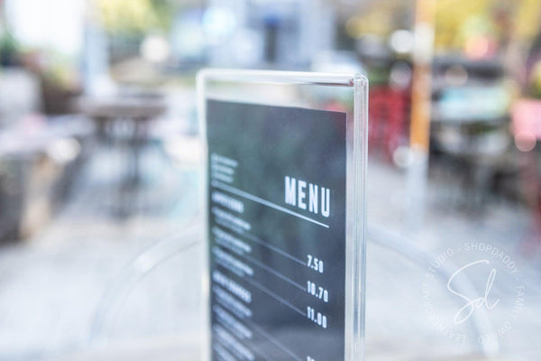 Black Wooden/Acrylic Table Menu Stand for restaurant