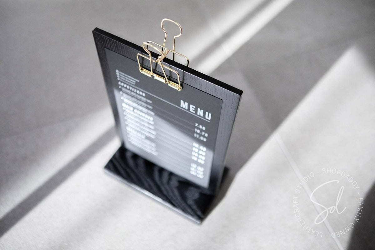Black Straight Wooden Table Stand with Golden Binder for restaurant