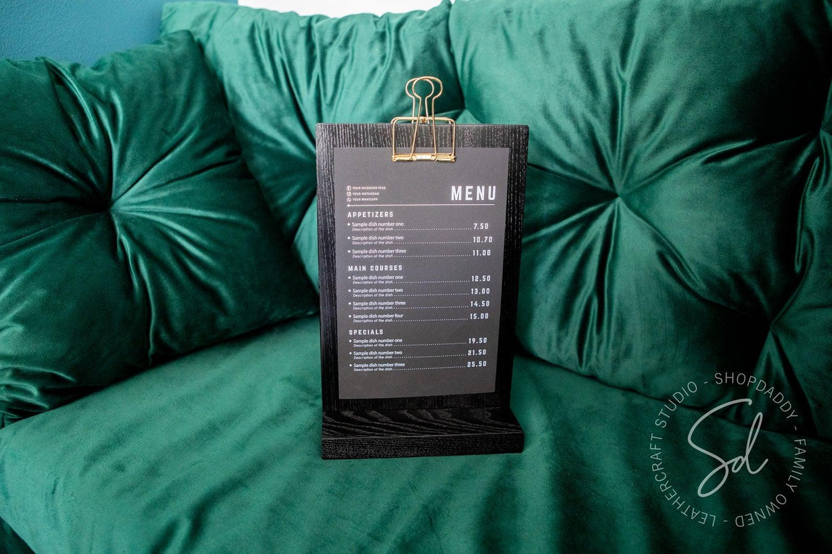 Black Straight Wooden Table Top Stand with Golden Binder