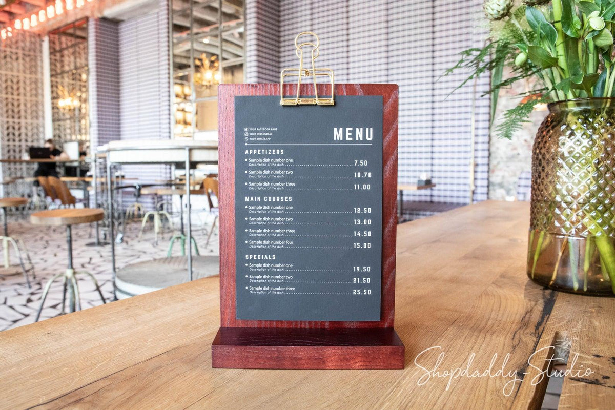 Mahogany Straight Wooden Table Stand with Golden Binder for drink menu