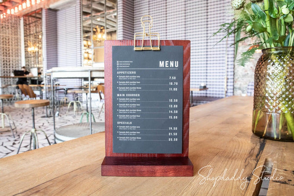 Mahogany Straight Wooden Table Stand with Golden Binder for drink menu