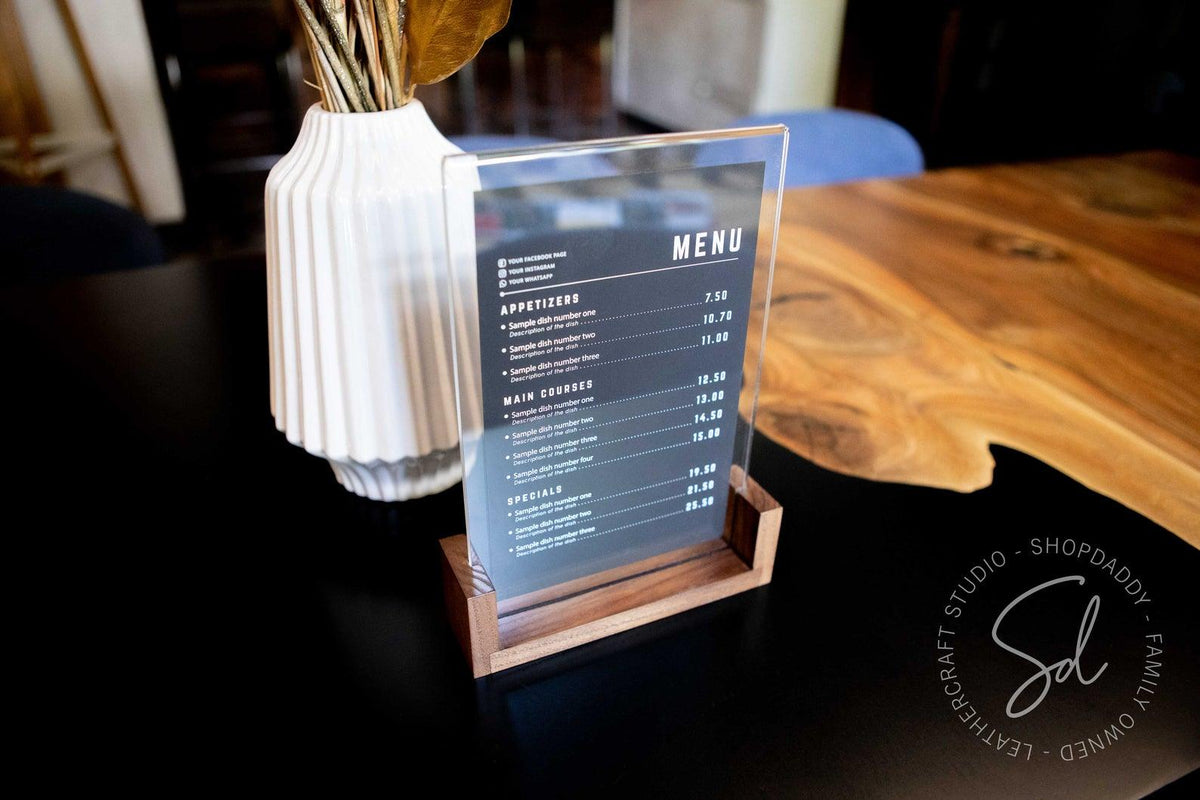 Walnut Wooden/Acrylic Table Top Menu Stand touch free for guests