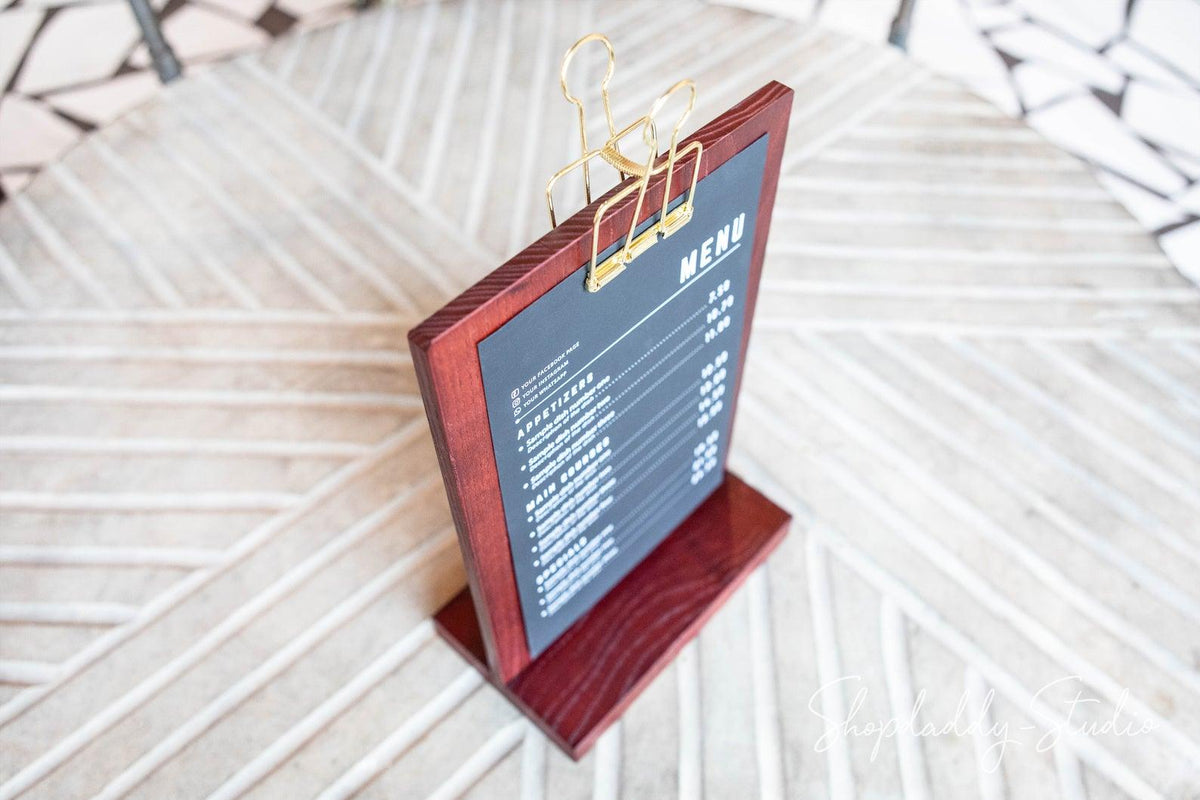 Mahogany Straight Wooden Table Stand with Golden Binder for wine list