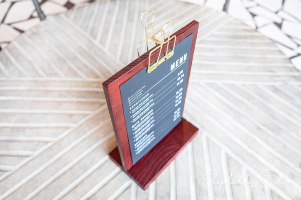 Mahogany Straight Wooden Table Stand with Golden Binder for wine list