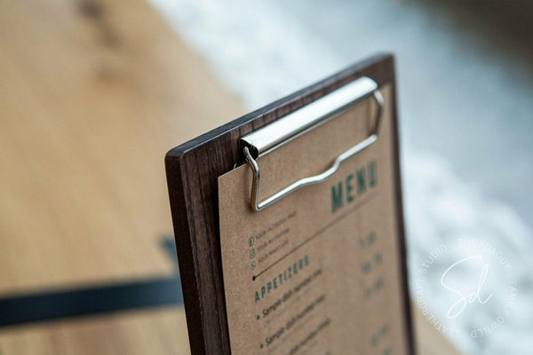 Walnut Angled Wooden Table Stand with Metal Clip for restaurant