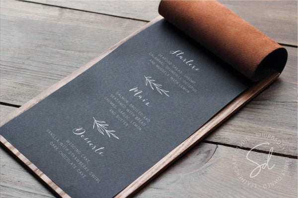 Wood Menu Board with Leather Cover & Clip