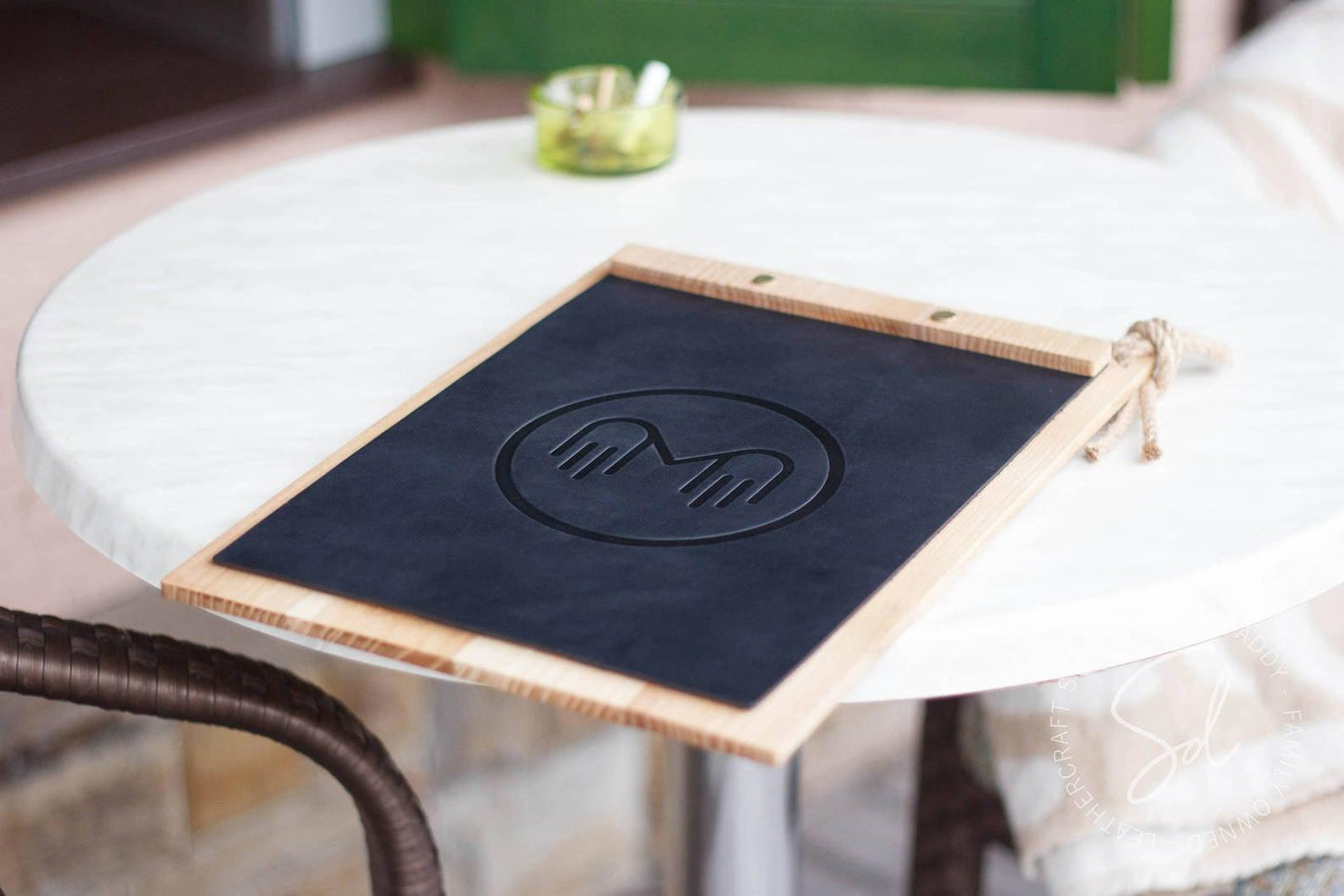 restaurant Menu Holder with Leather Cover & Rope