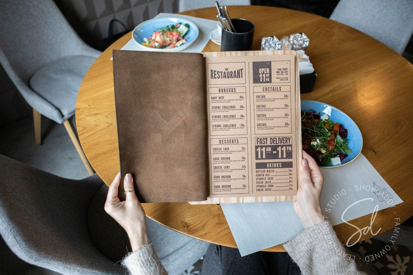Lacquer Menu Board with Leather Cover & Stitching for restaurant