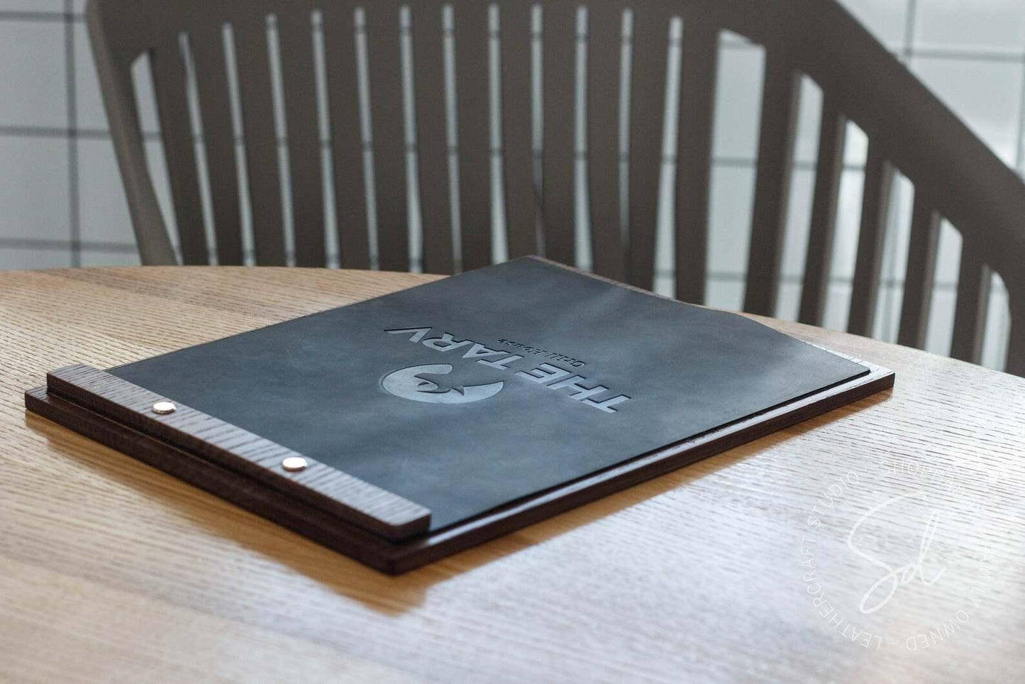 Walnut Menu Board with Leather Menu Cover for restaurant 