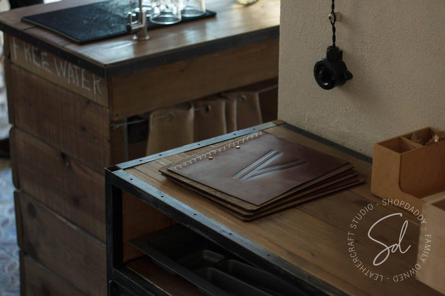 Walnut Menu Board with Leather Cover & Stitching and logo