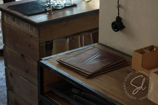 Walnut Menu Board with Leather Cover & Stitching and logo